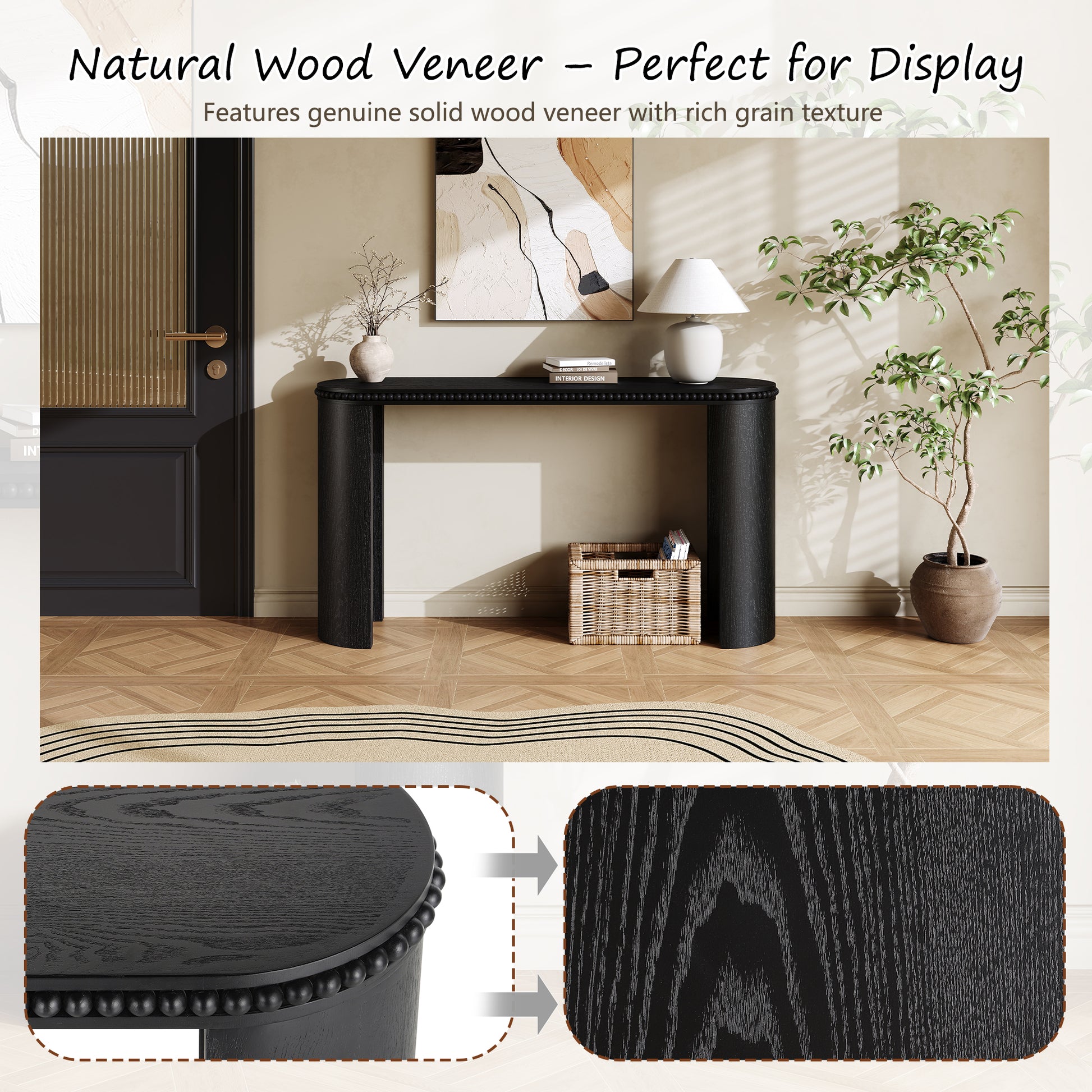 Black Console Table with Beaded Trim - 59.84" Entryway Accent Table