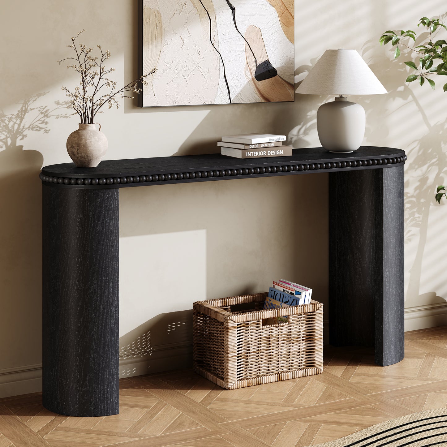 Black Console Table with Beaded Trim - 59.84" Entryway Accent Table