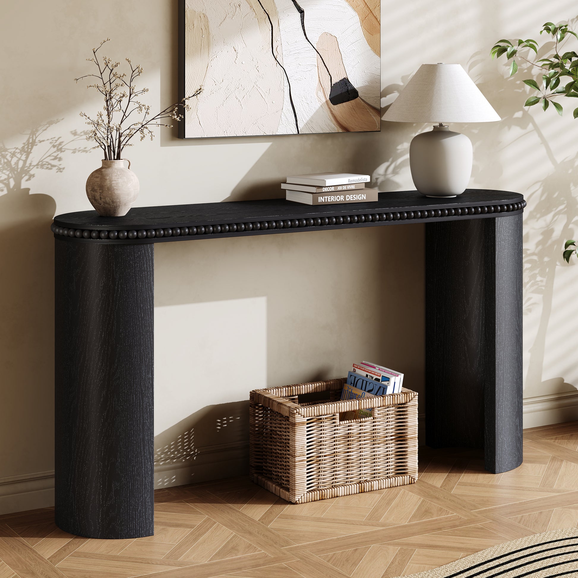 Black Console Table with Beaded Trim - 59.84" Entryway Accent Table