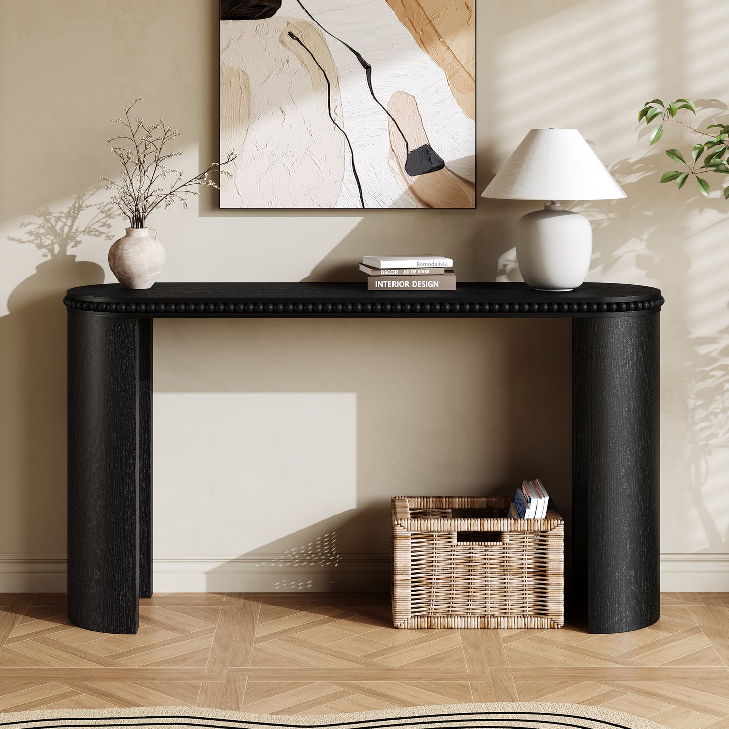 Mirod Vintage Console Table with Beaded Trim and Reversible Curved Legs, Natural Wood Veneer Finish – Entryway Accent Table for Hallway, Living Room, or Behind Sofa