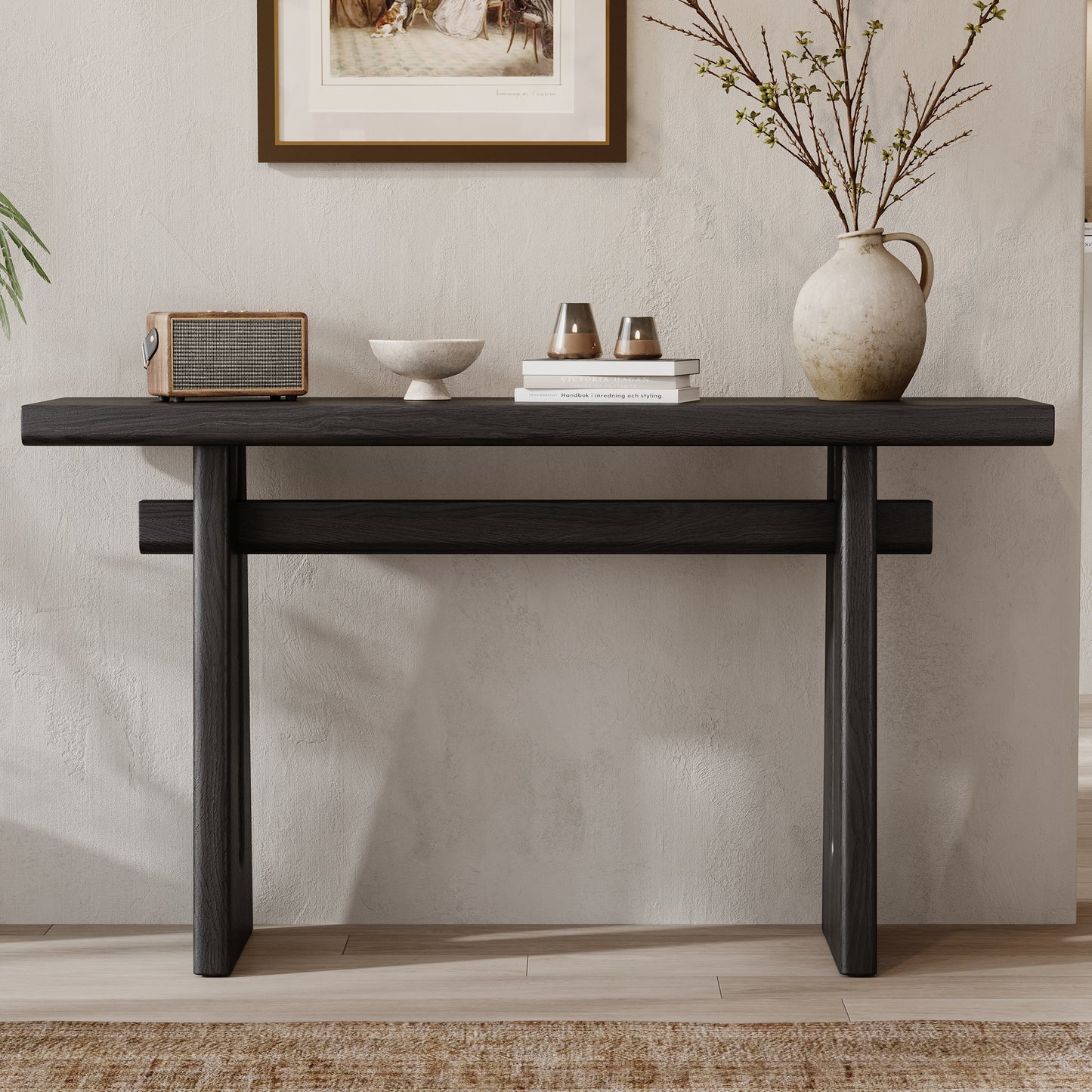 Black Geometric Console Table – MDF, 59.25" Wide for Living Room