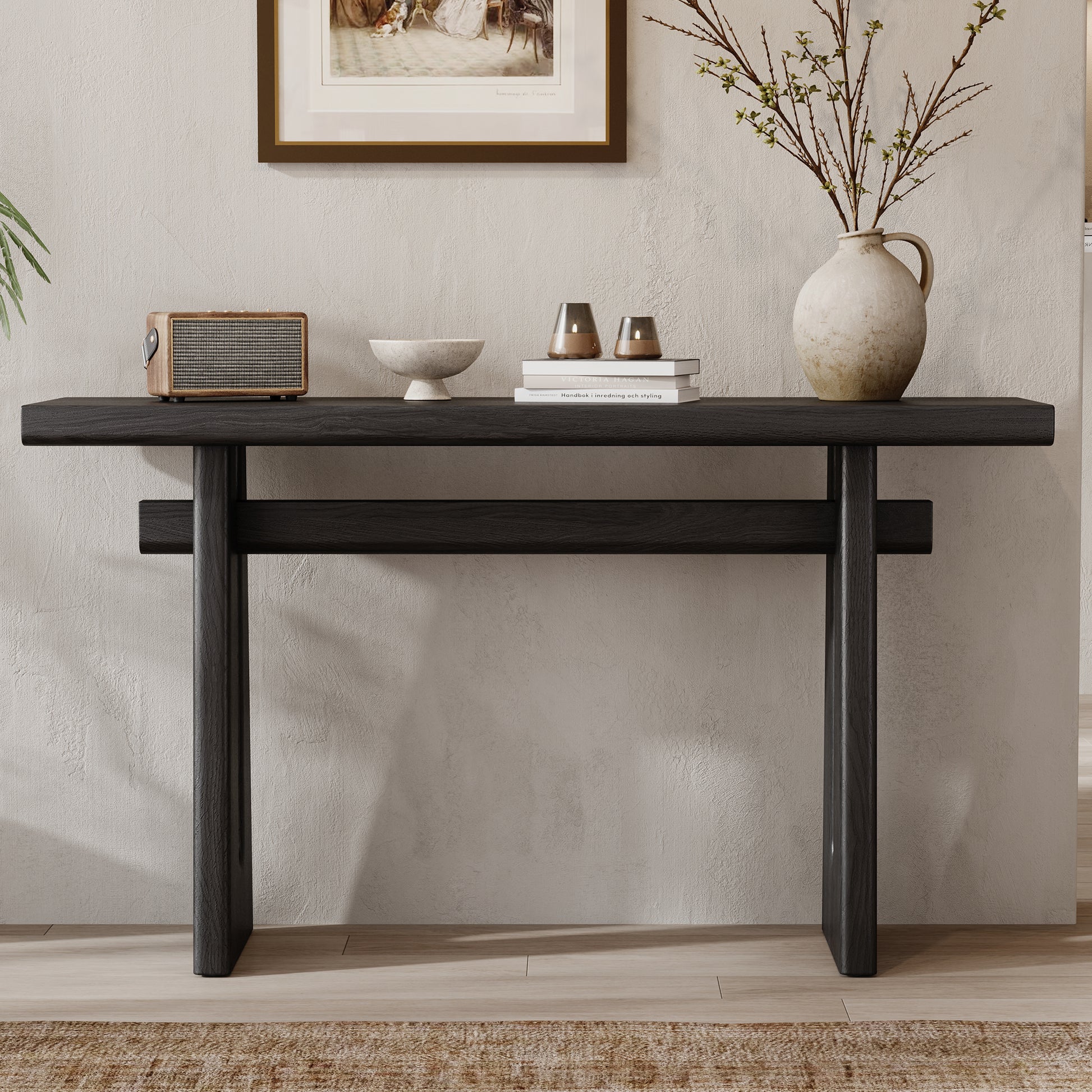Black Geometric Console Table – MDF, 59.25" Wide for Living Room