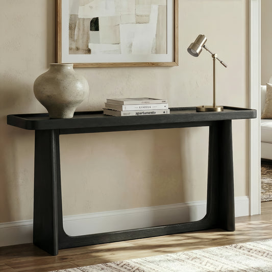 Farmhouse Console Table with Tray Top Design, Solid Wood Frame for Entryway, Living Room or Sofa Back, Black