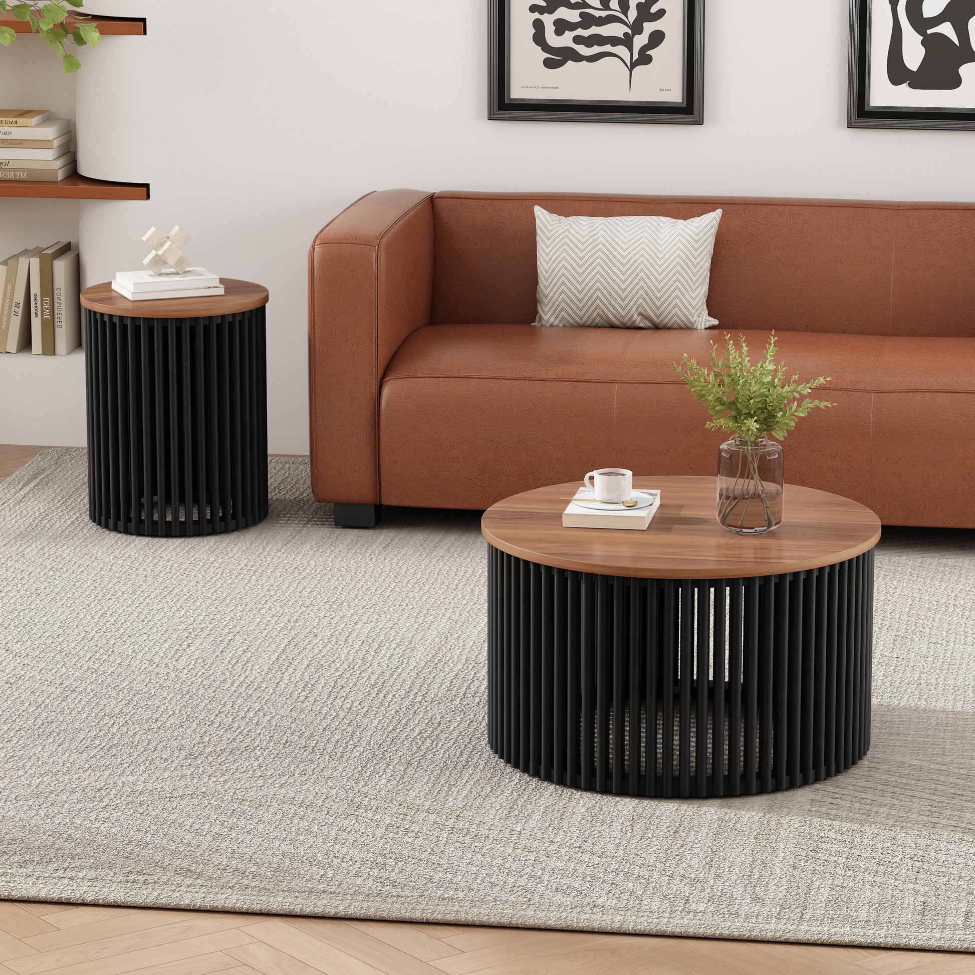 Acacia Wood Coffee Table & Side Table Set - Natural Black