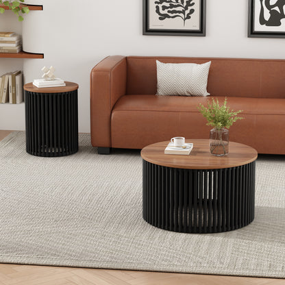 Acacia Wood Coffee Table & Side Table Set - Natural Black
