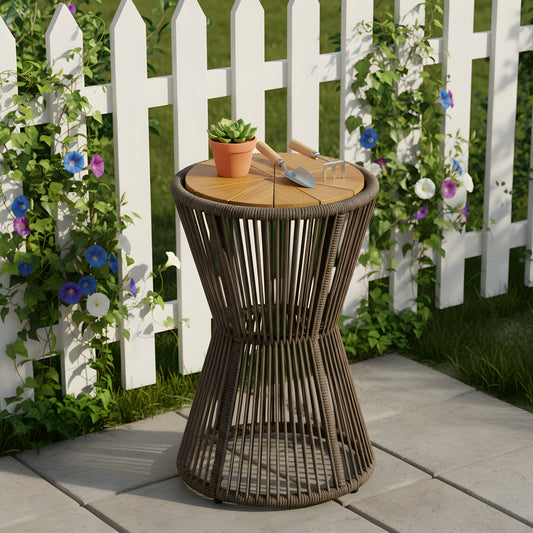 Outdoor Side Table, Dark Grey Rope and Acacia Wood, 25.80" Height, 16.14" Diameter, Elegant Long Hourglass Design, Weather Resistant, for Patio, Deck, Garden, Balcony, Modern Minimalist Style