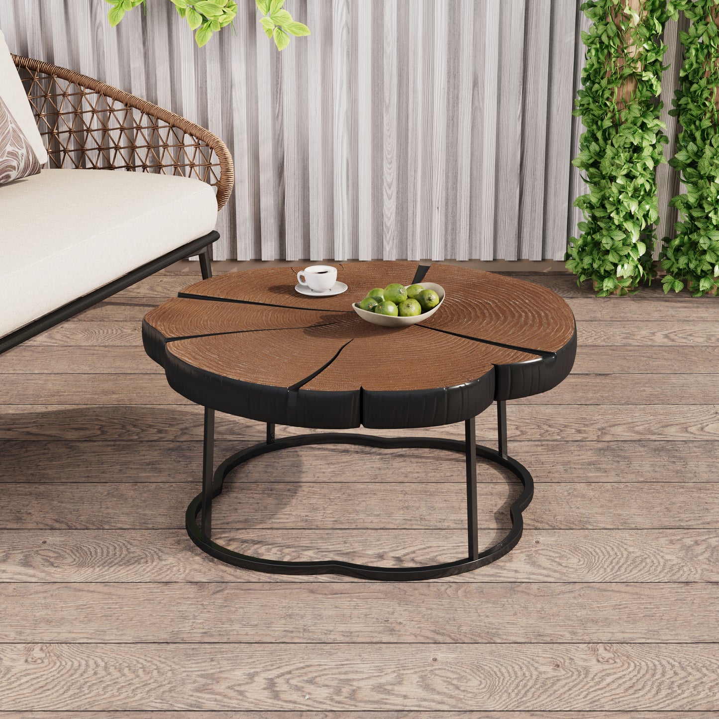 Irregular Coffee Table, 27" Modern MGO Top with Nature Wood & Black Metal Base, 132 lbs Capacity Industrial Artisan Center Table for Living Room