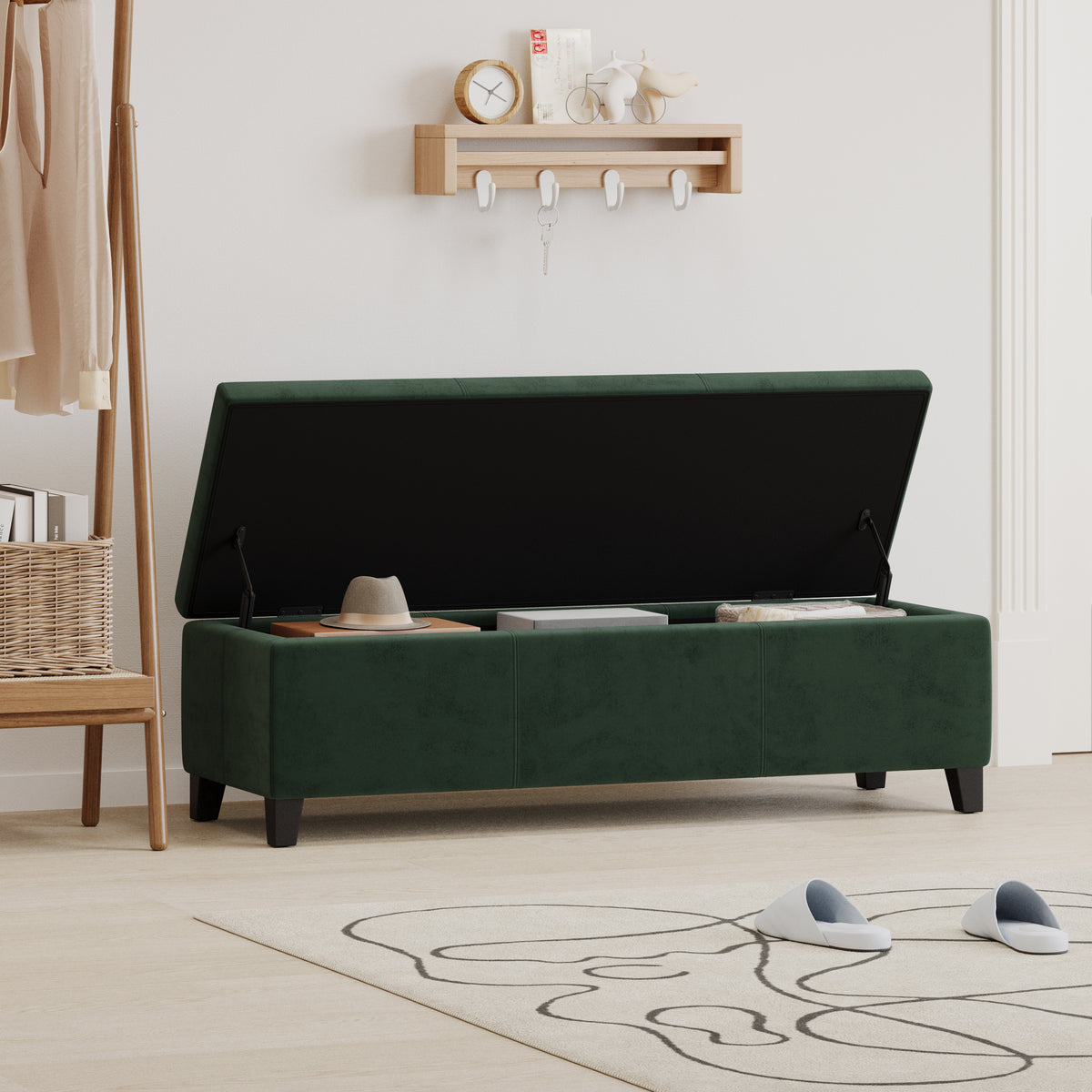 Forest Green Storage Bench with Hidden Ottoman Storage for Living Room
