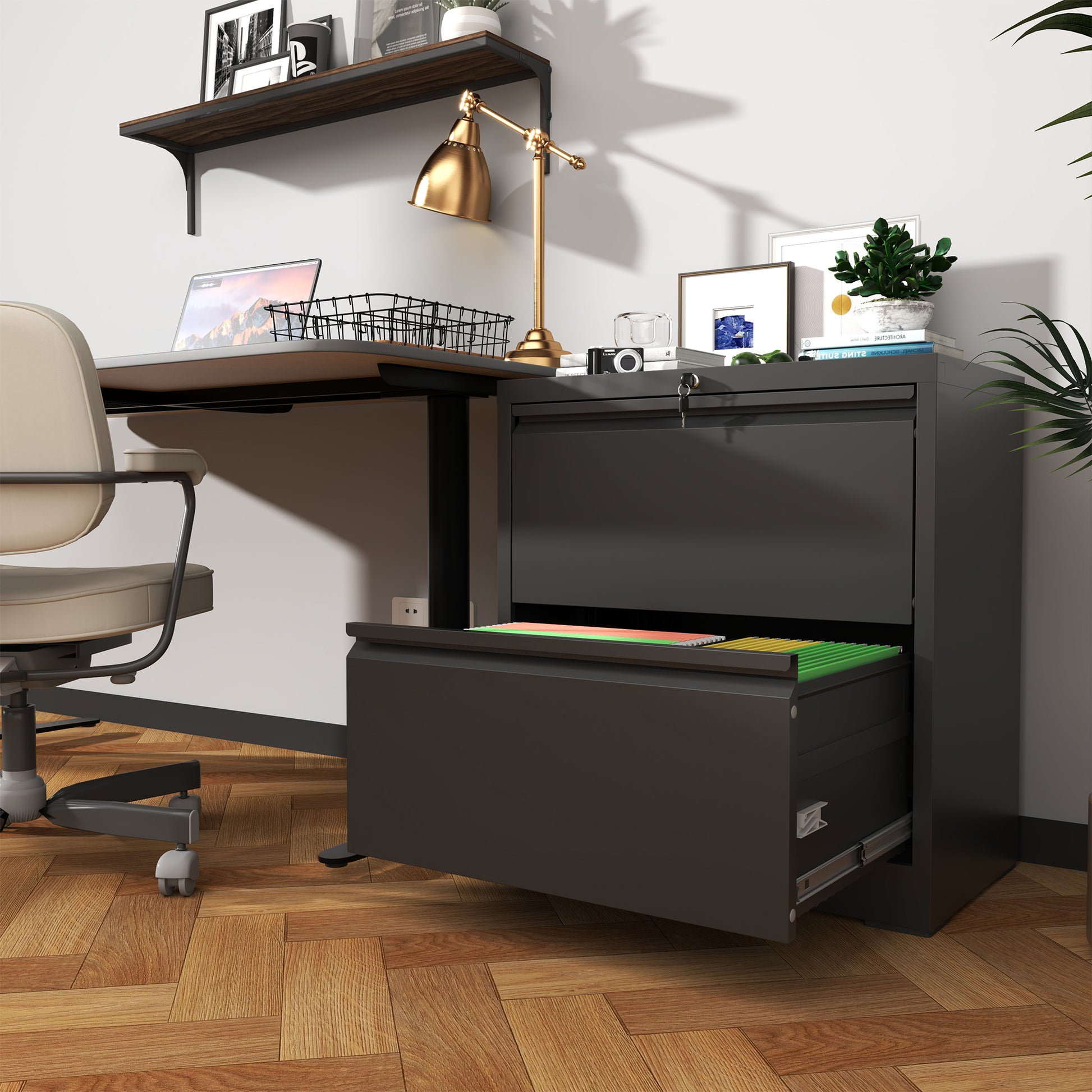 Black Steel Lateral File Cabinet with Lock for Modern Office Storage