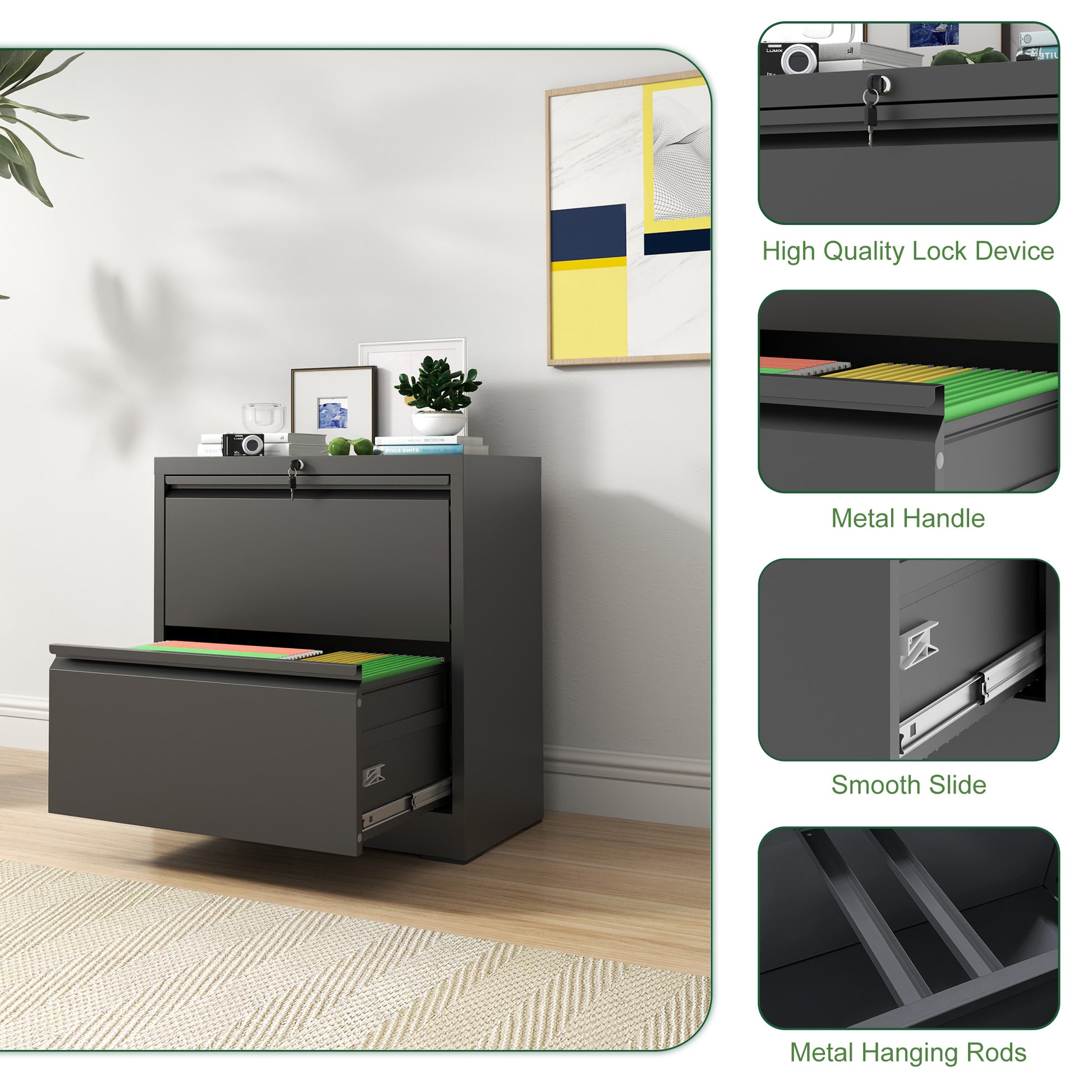 Black Steel Lateral File Cabinet with Lock for Modern Office Storage