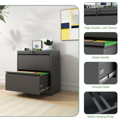 Black Steel Lateral File Cabinet with Lock for Modern Office Storage