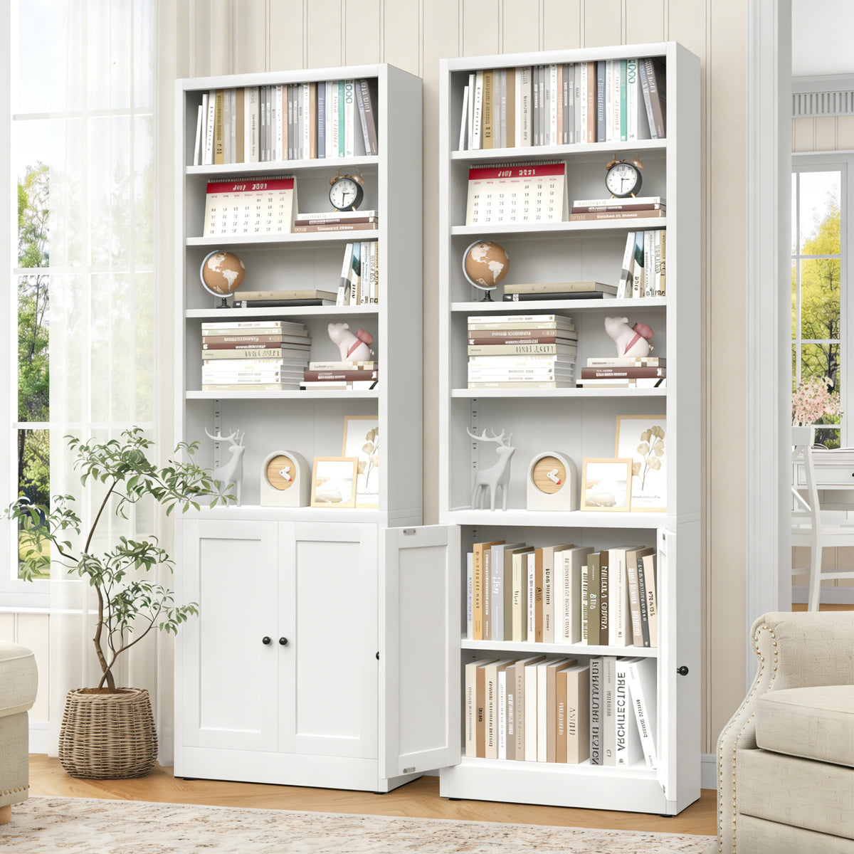 71" White Industrial Bookshelf with Adjustable Shelves for Living Room
