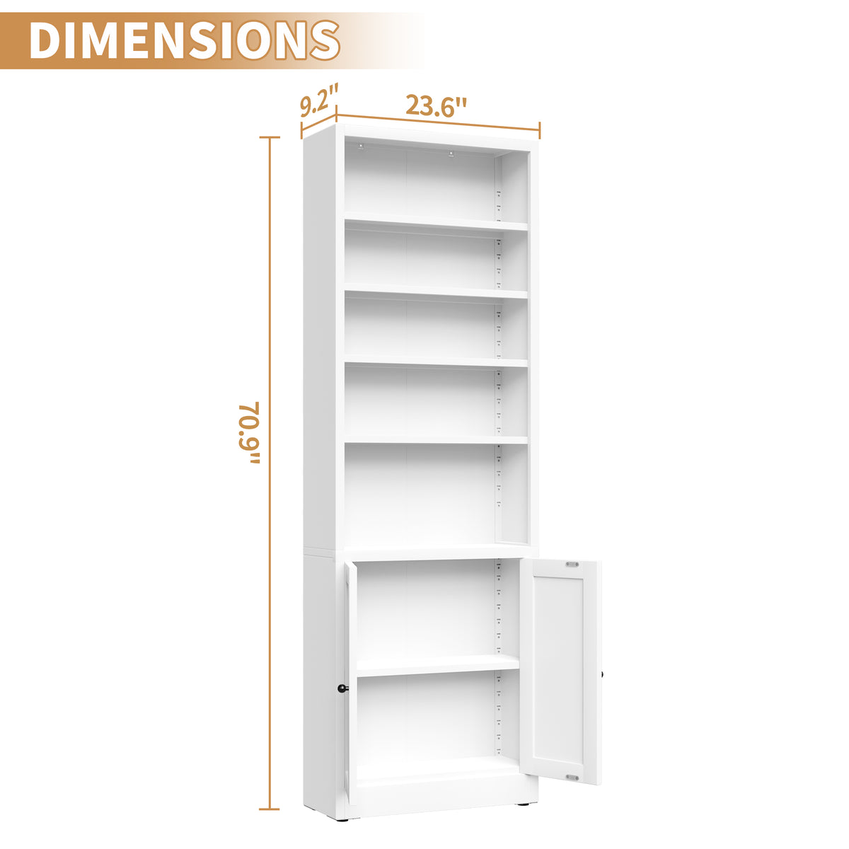 71" White Industrial Bookshelf with Adjustable Shelves for Living Room