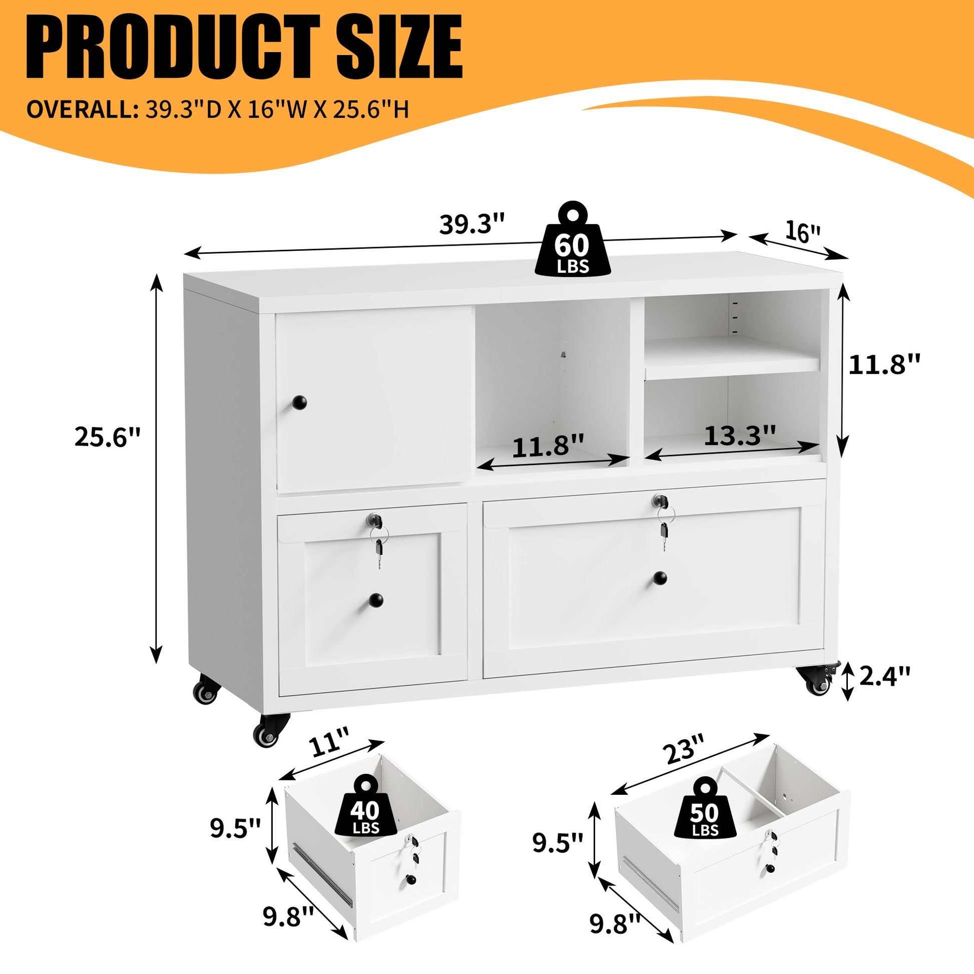 2-Drawer White Filing Cabinet - Mobile Office Storage