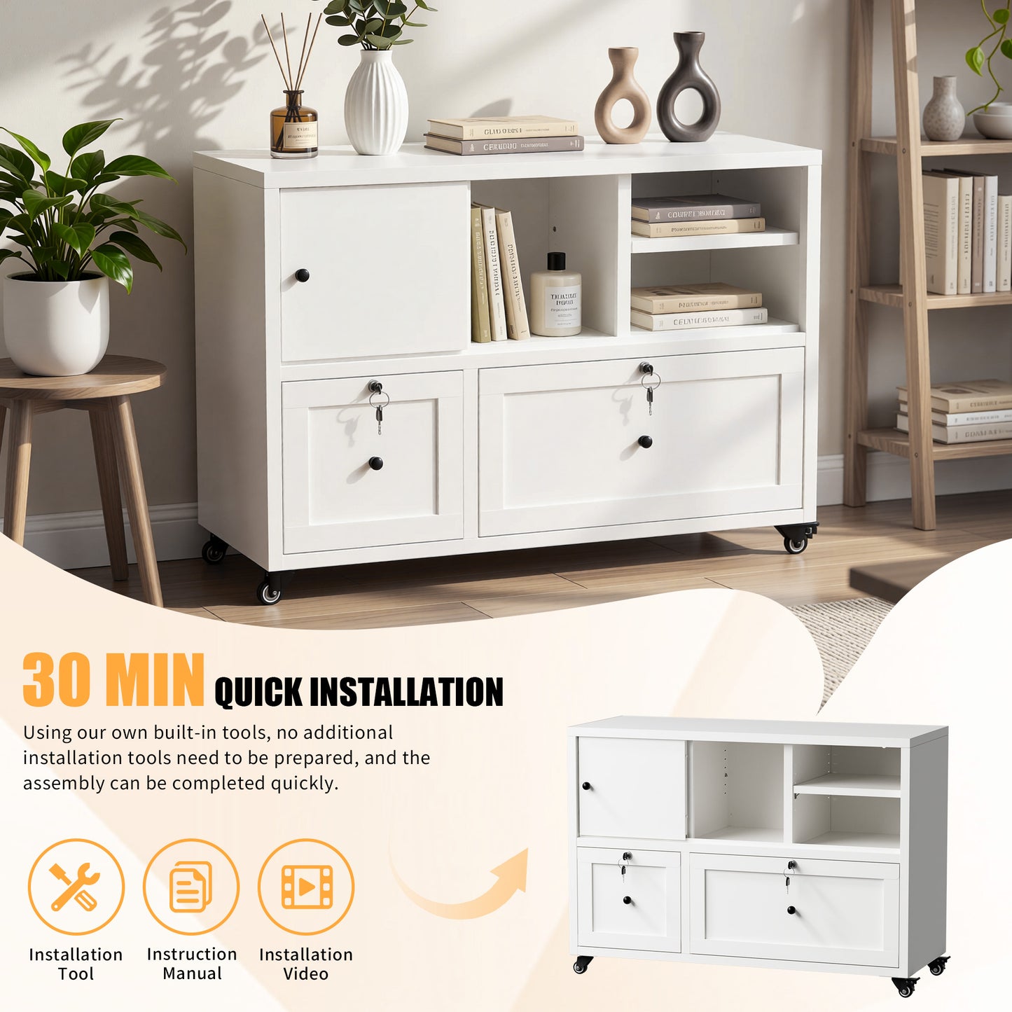 2-Drawer White Filing Cabinet - Mobile Office Storage