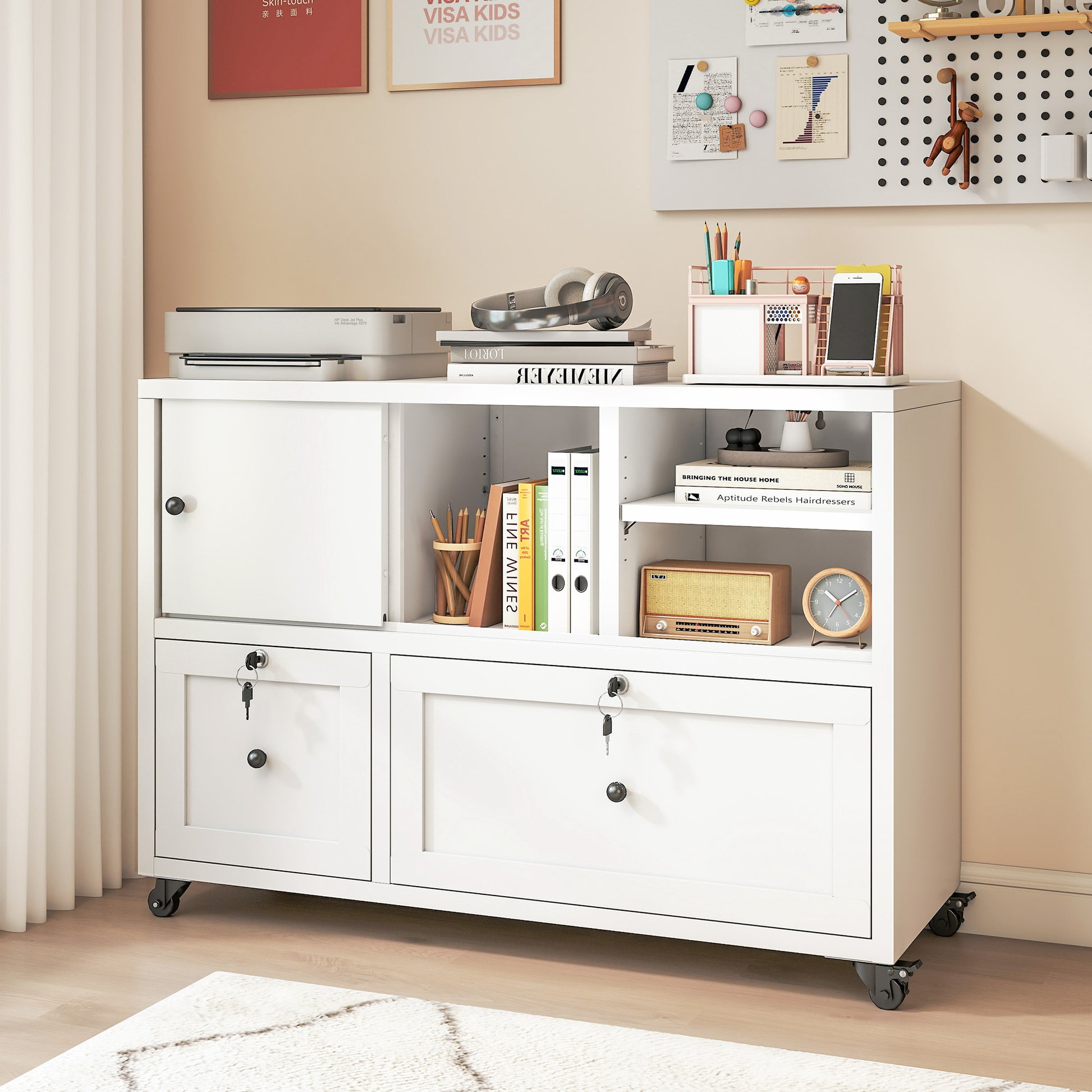 28"H White Metal Filing Cabinet with Lock – 2-Drawer File Cabinet for Home Office, Rolling Lateral Storage with Anti-Tip Kit, Full-Extension Quiet Slides, Holds A4/Legal/Letter Files, Easy Assembly