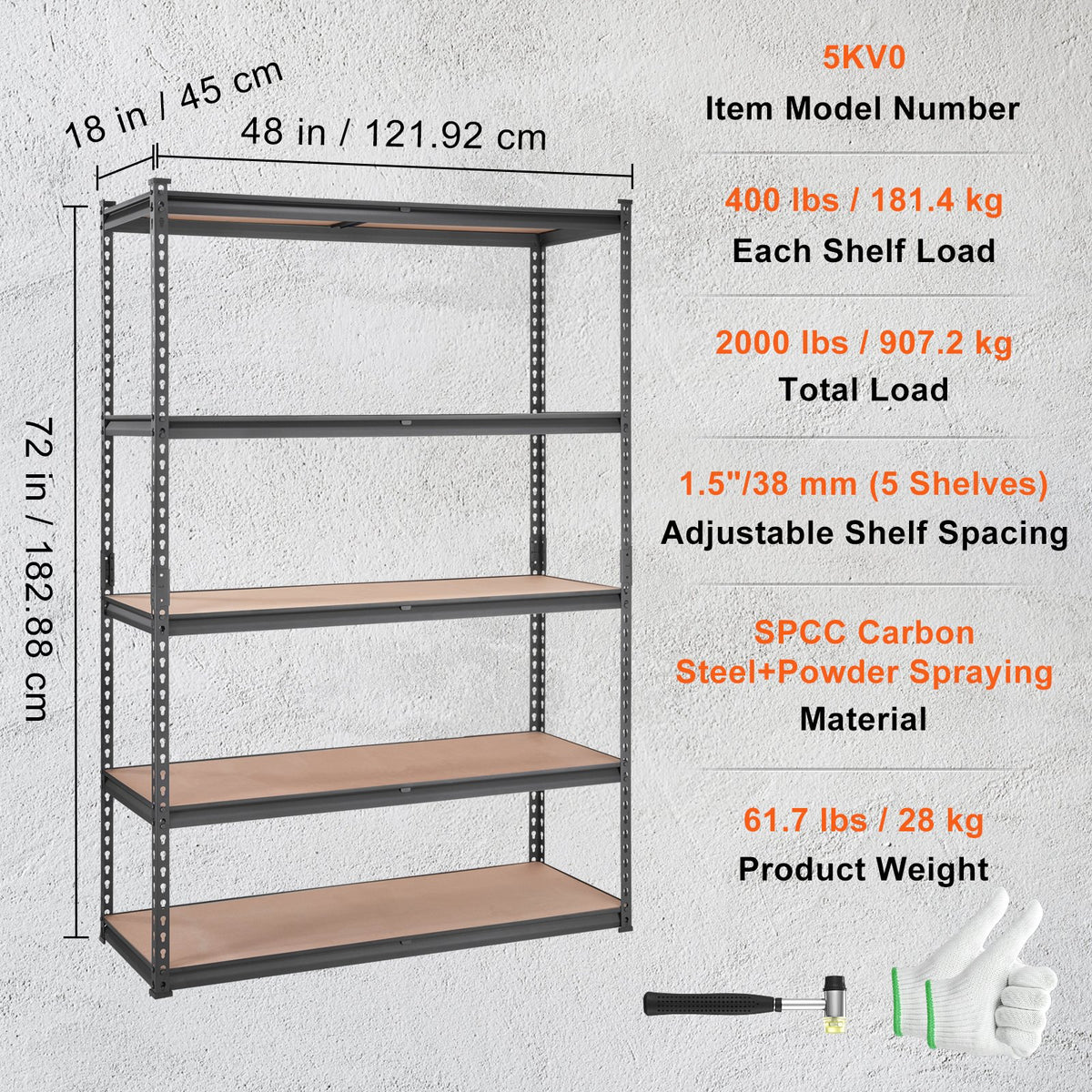 5-Tier Carbon Steel Storage Shelving Unit - 2000 lb Capacity for Living Room