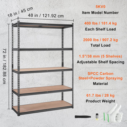 5-Tier Carbon Steel Storage Shelving Unit - 2000 lb Capacity for Living Room