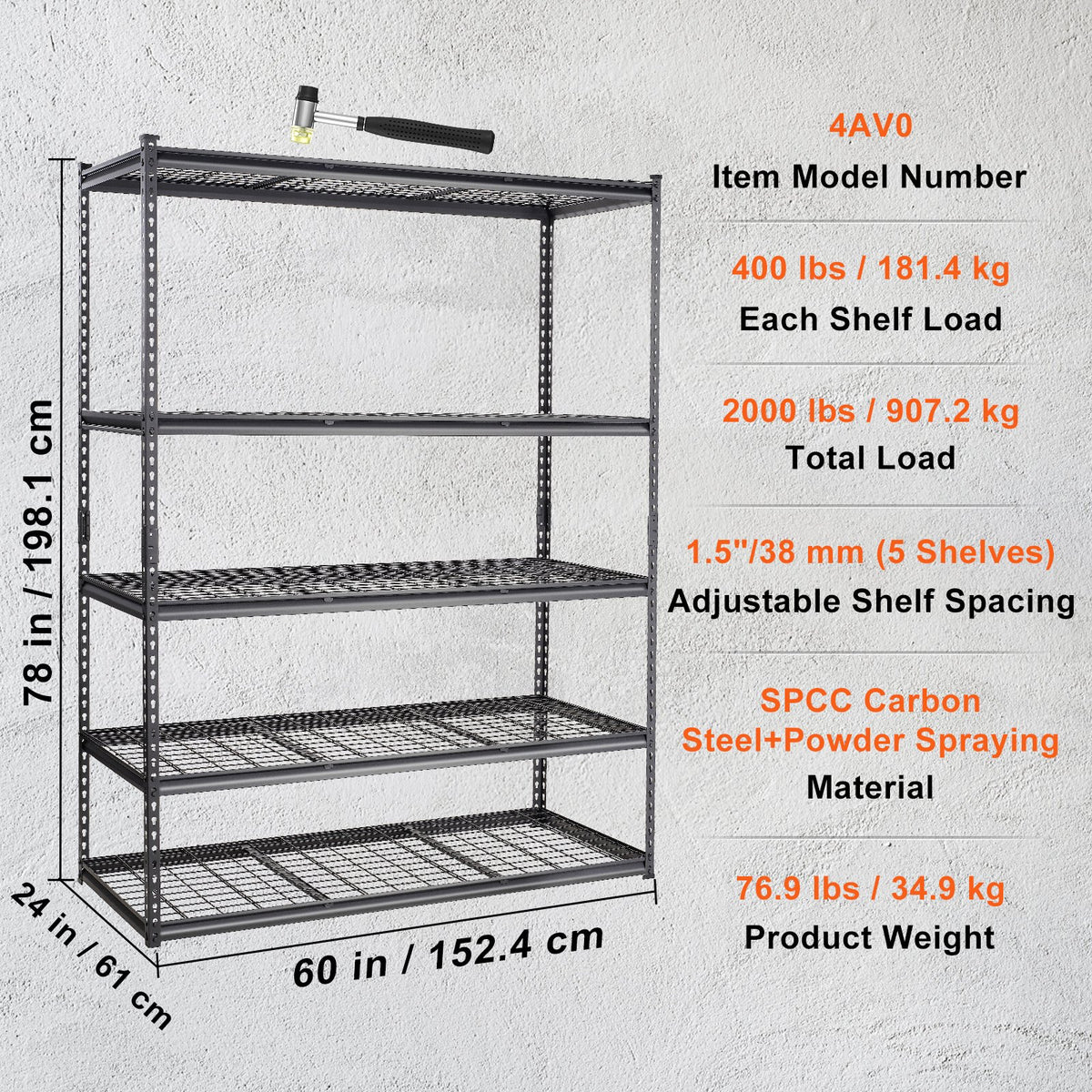 Heavy Duty 5-Tier Carbon Steel Shelving Unit - 2000 lb Capacity