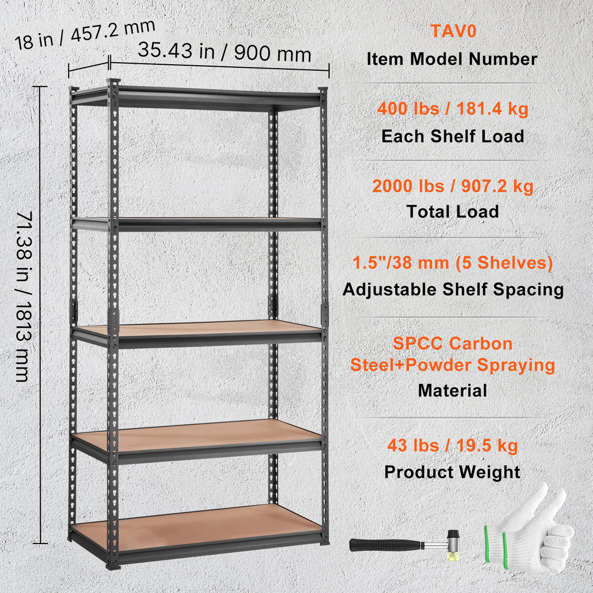 5-Tier Carbon Steel Garage Shelving Unit - 2000 lb Capacity
