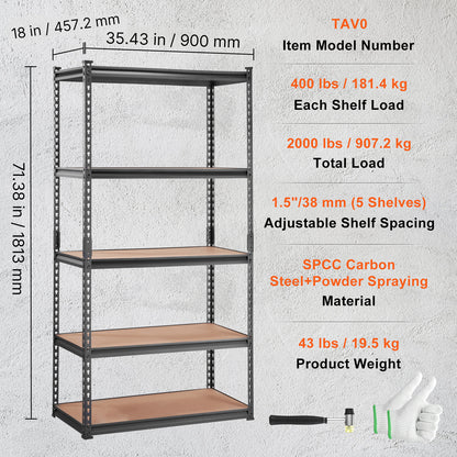 5-Tier Carbon Steel Garage Shelving Unit - 2000 lb Capacity