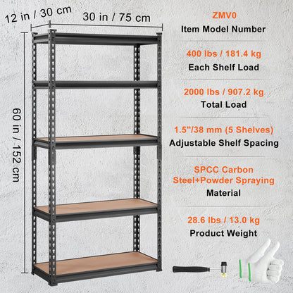 Heavy Duty 5-Tier Storage Shelving Unit - Black, 30"L x 12"W x 60"H for Living Room