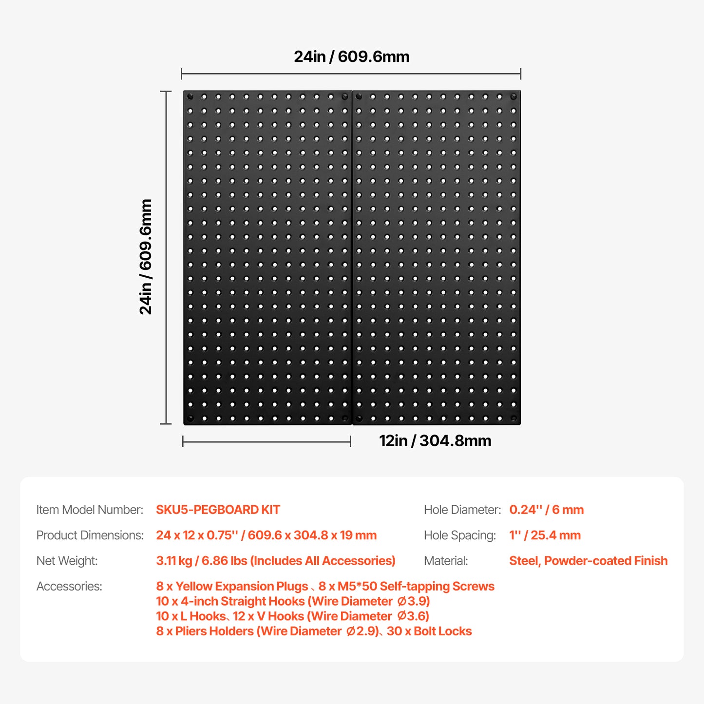 Black Steel Pegboard Panels - 24" x 12" Garage Tool Organizer for Living Room