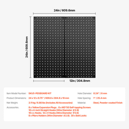 Black Steel Pegboard Panels - 24" x 12" Garage Tool Organizer for Living Room