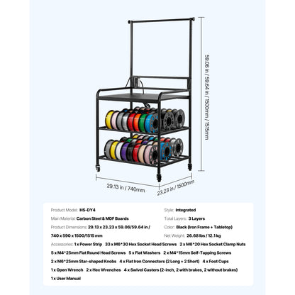 3D Printer Storage Rack - Carbon Steel 3 Tier Stand for Living Room