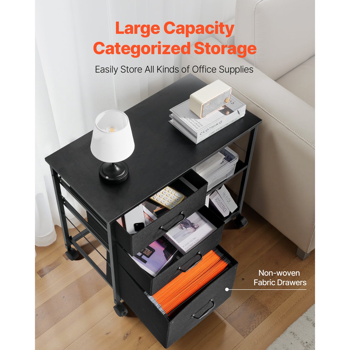 Black File Cabinet with 3 Drawers & Open Shelves - Office Storage