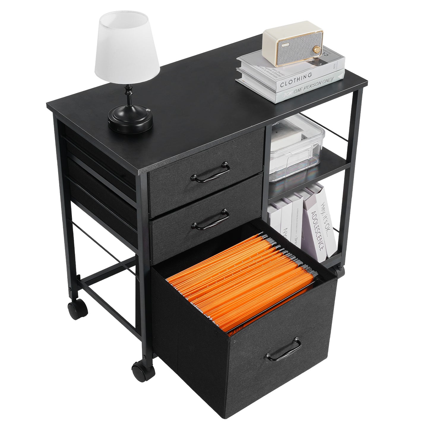 Black File Cabinet with 3 Drawers & Open Shelves - Office Storage