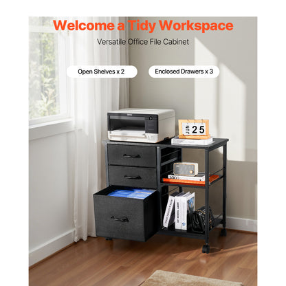 Black File Cabinet with 3 Drawers & Open Shelves - Office Storage