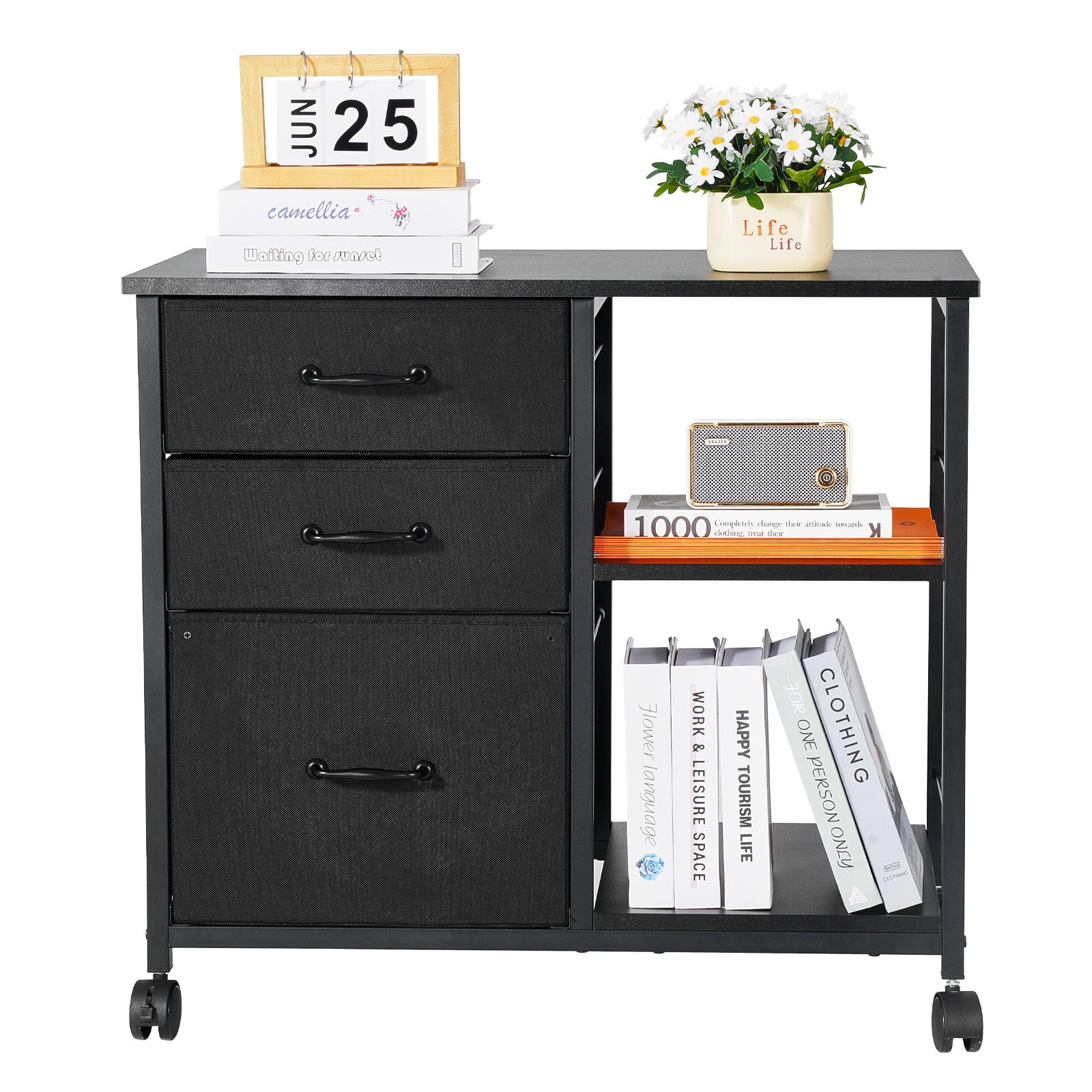 Black File Cabinet with 3 Drawers & Open Shelves - Office Storage