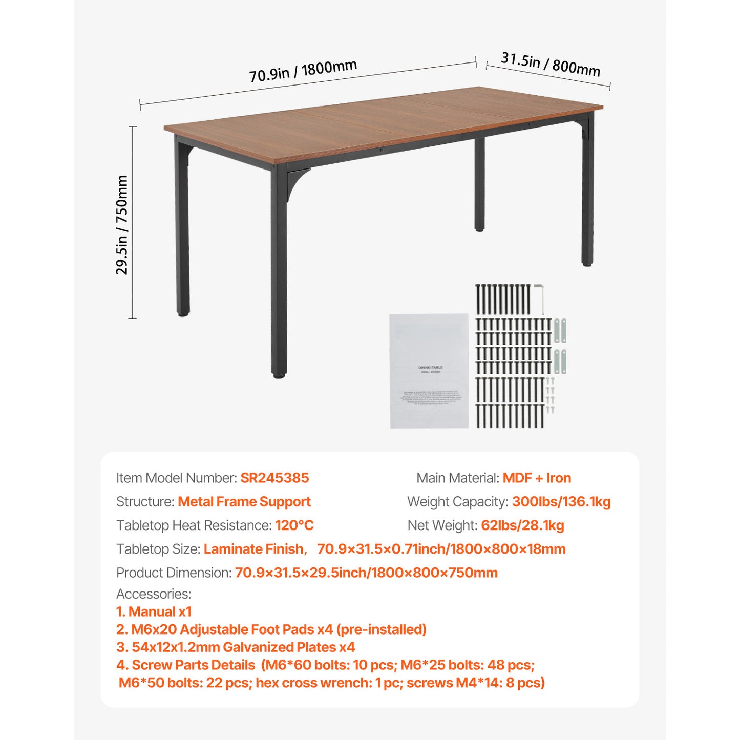 70.9" Rectangle Brown Dining Table - Seats 6-8