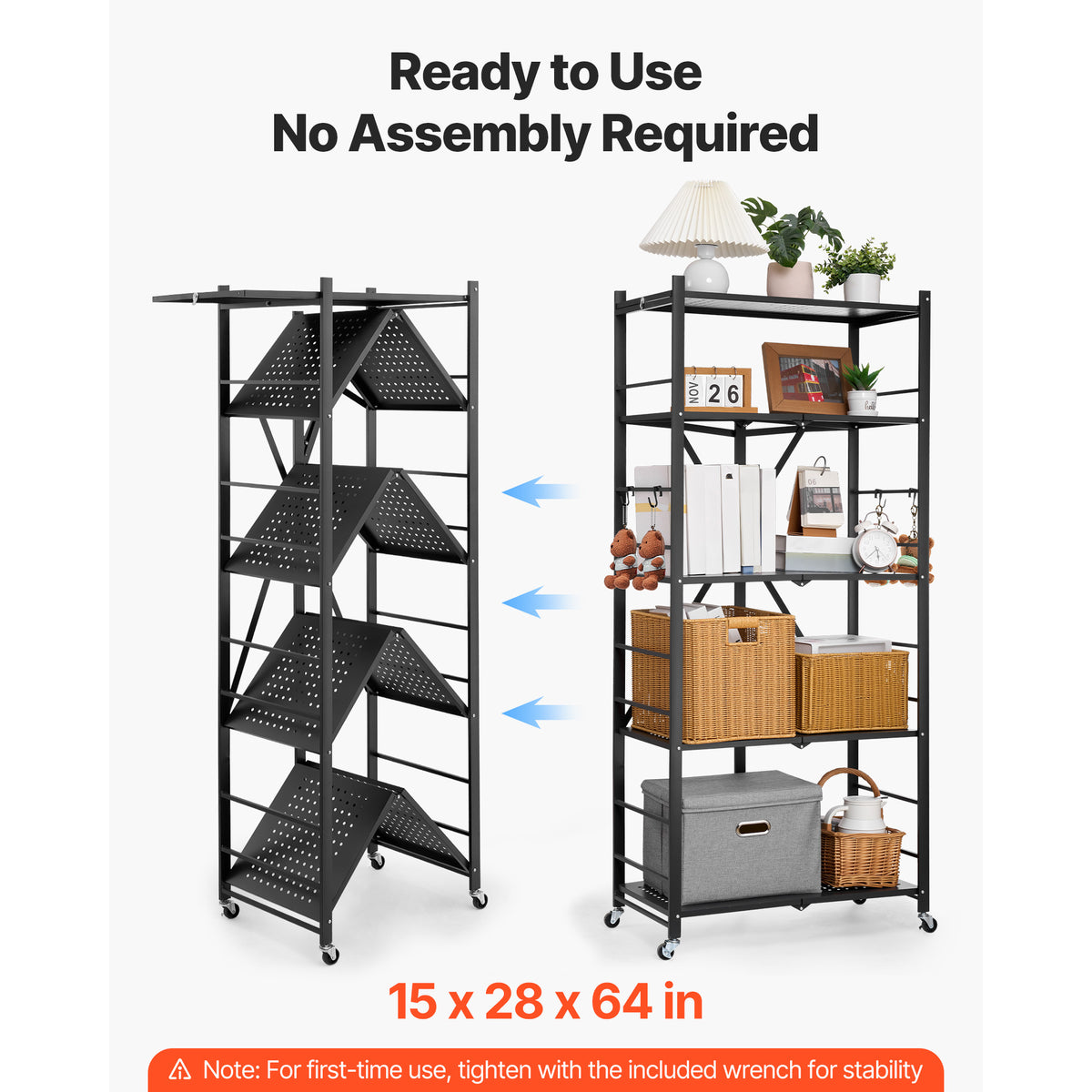 Folding Steel Shelf with Wheels for Mobile Storage and Display for Living Room