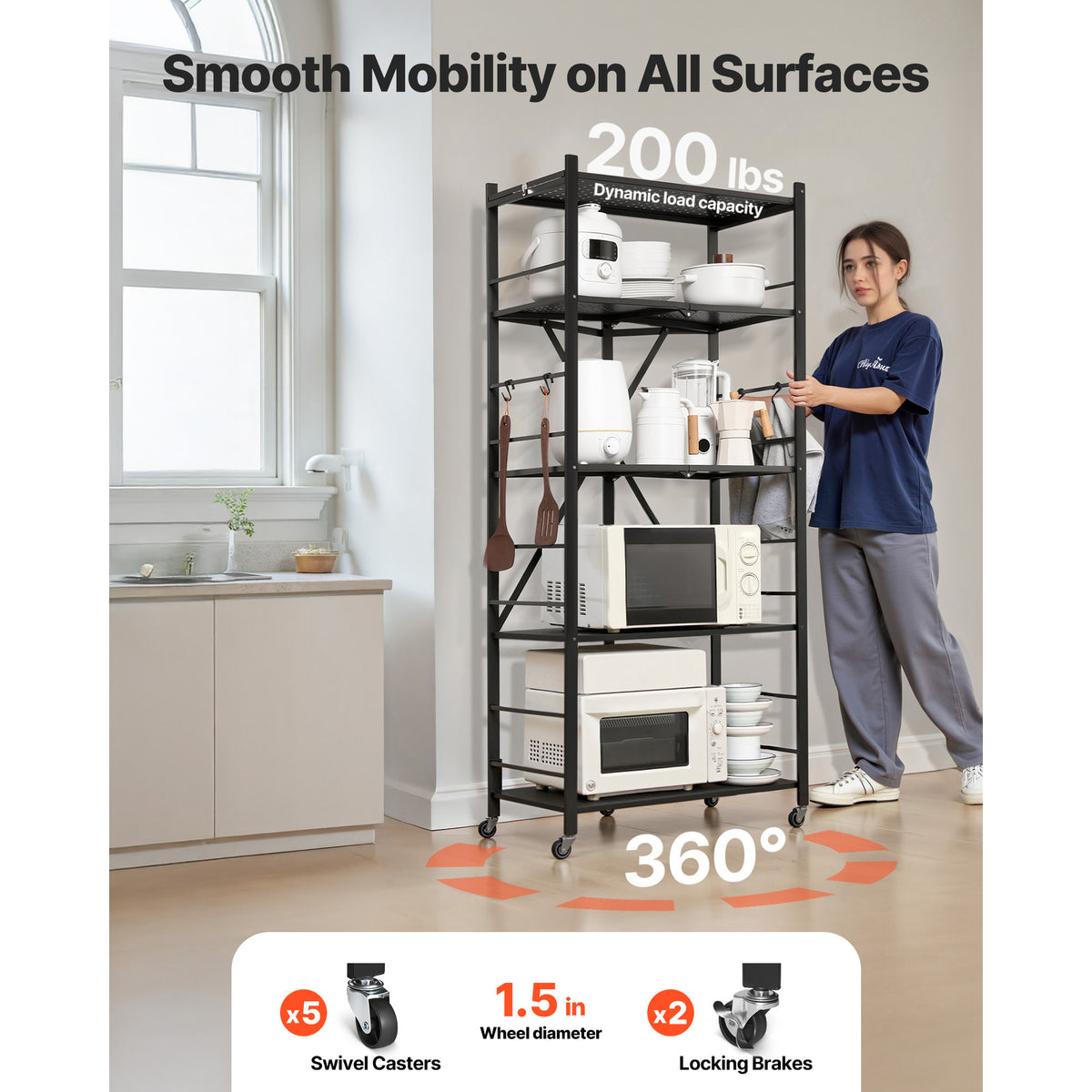 Folding Steel Shelf with Wheels for Mobile Storage and Display for Living Room