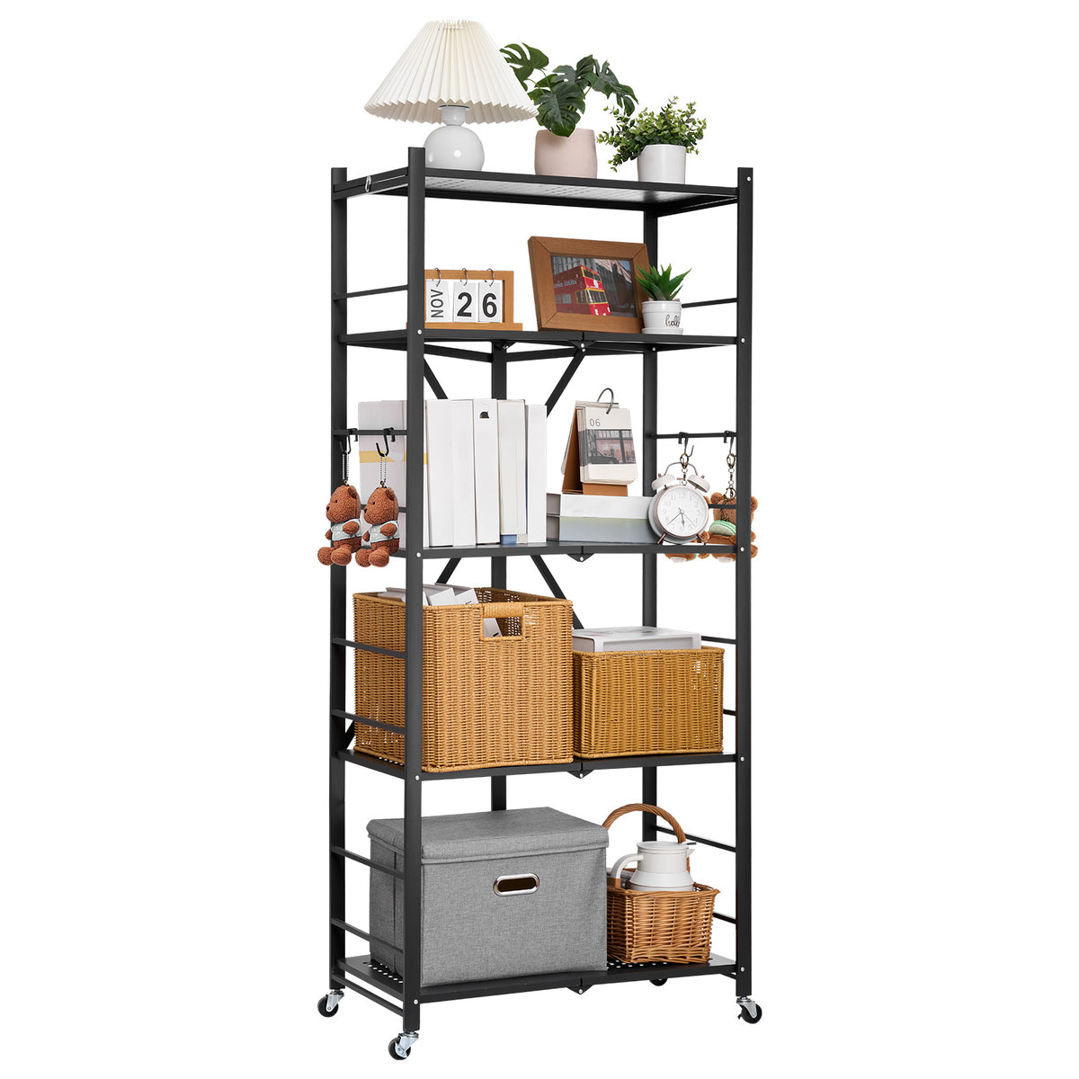 Folding Steel Shelf with Wheels for Mobile Storage and Display for Living Room