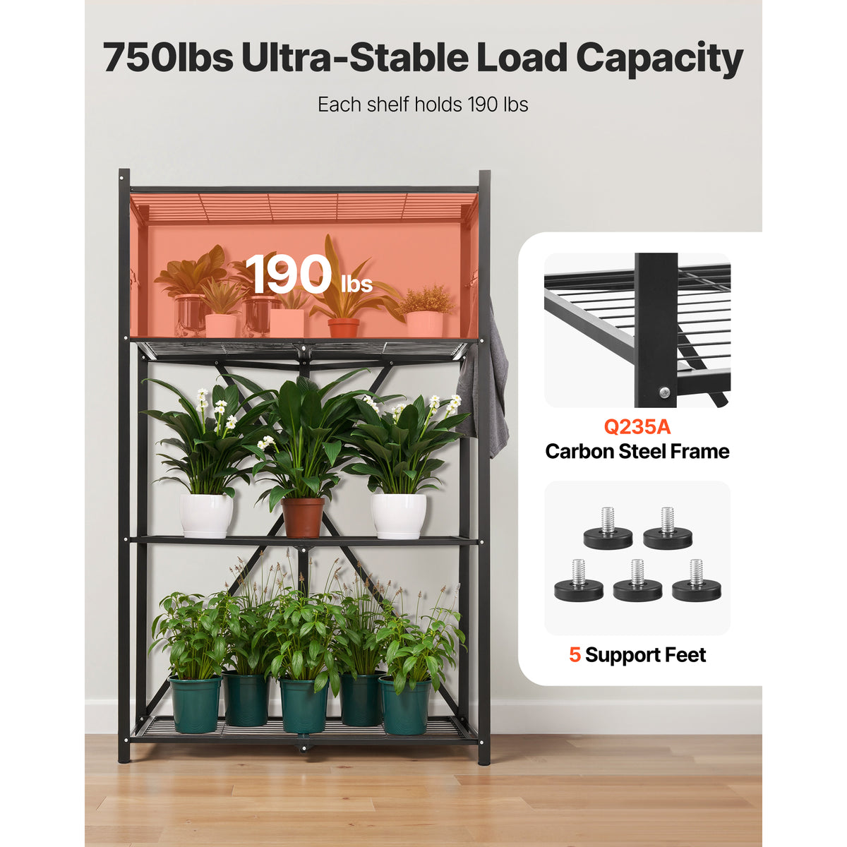 61.57" Black Steel Folding Shelf with Wheels - 4 Tier Storage for Living Room