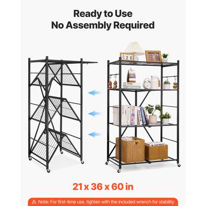 61.57" Black Steel Folding Shelf with Wheels - 4 Tier Storage for Living Room