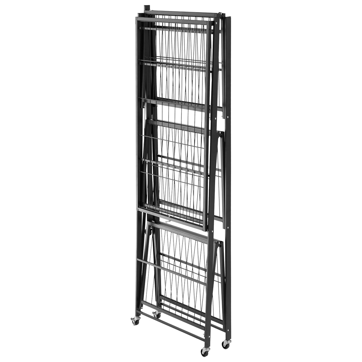 61.57" Black Steel Folding Shelf with Wheels - 4 Tier Storage for Living Room