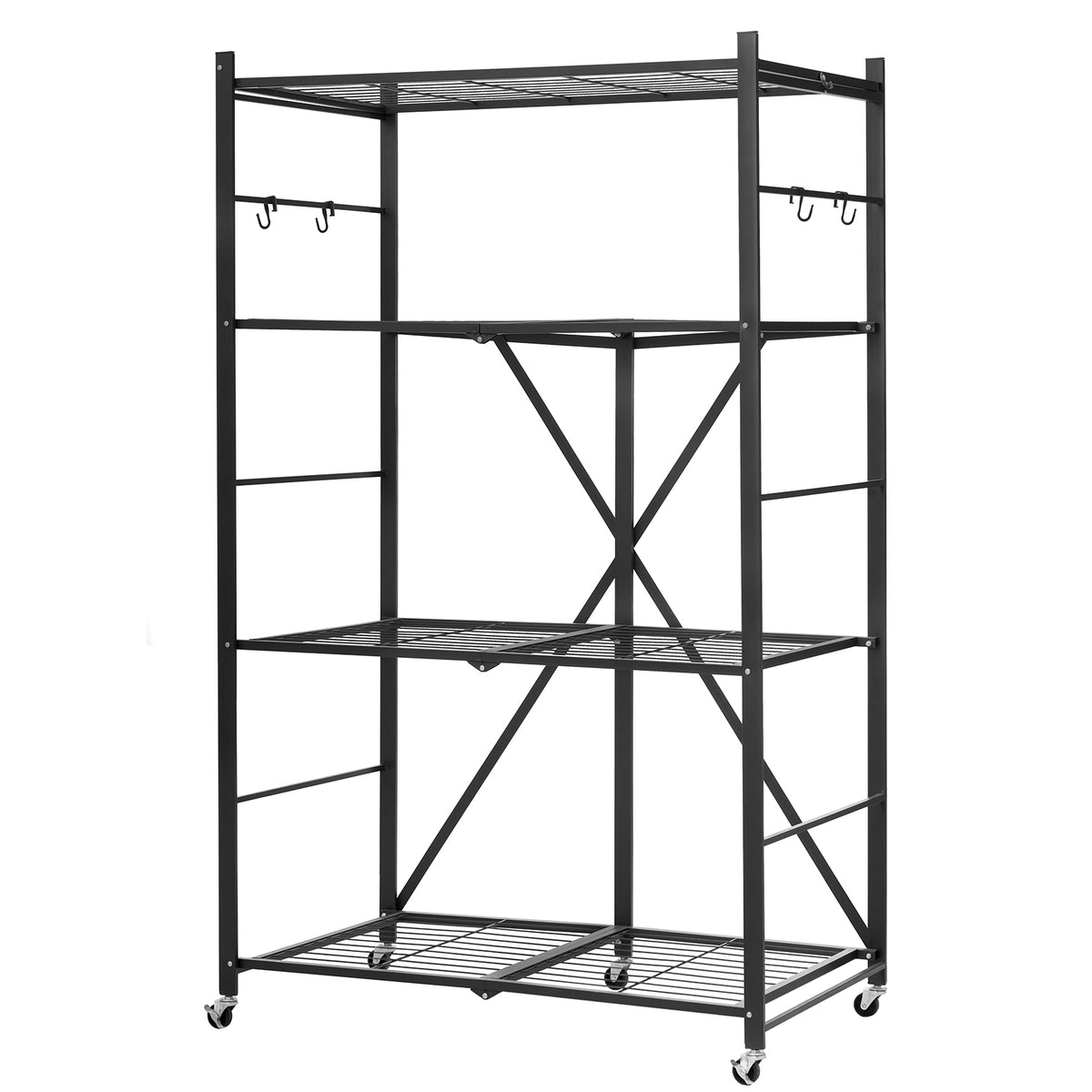 61.57" Black Steel Folding Shelf with Wheels - 4 Tier Storage for Living Room