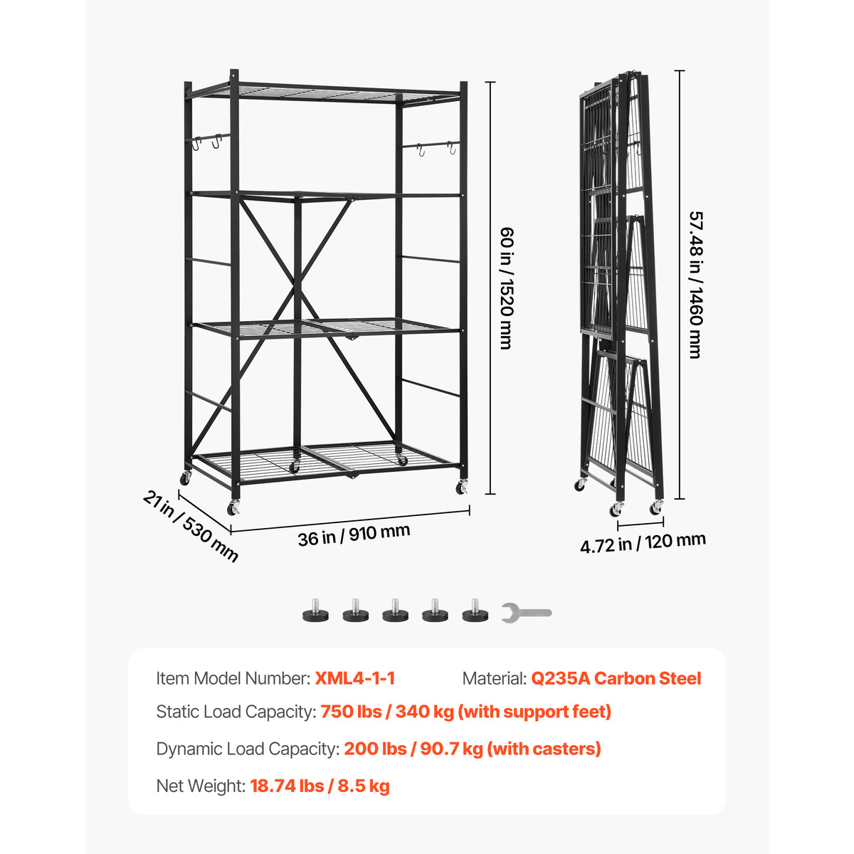 61.57" Black Steel Folding Shelf with Wheels - 4 Tier Storage for Living Room
