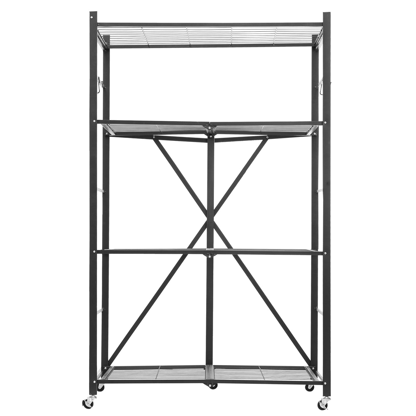 Folding Storage Shelf with Wheels 4-Tier No Assembly Organizer Shelf Black