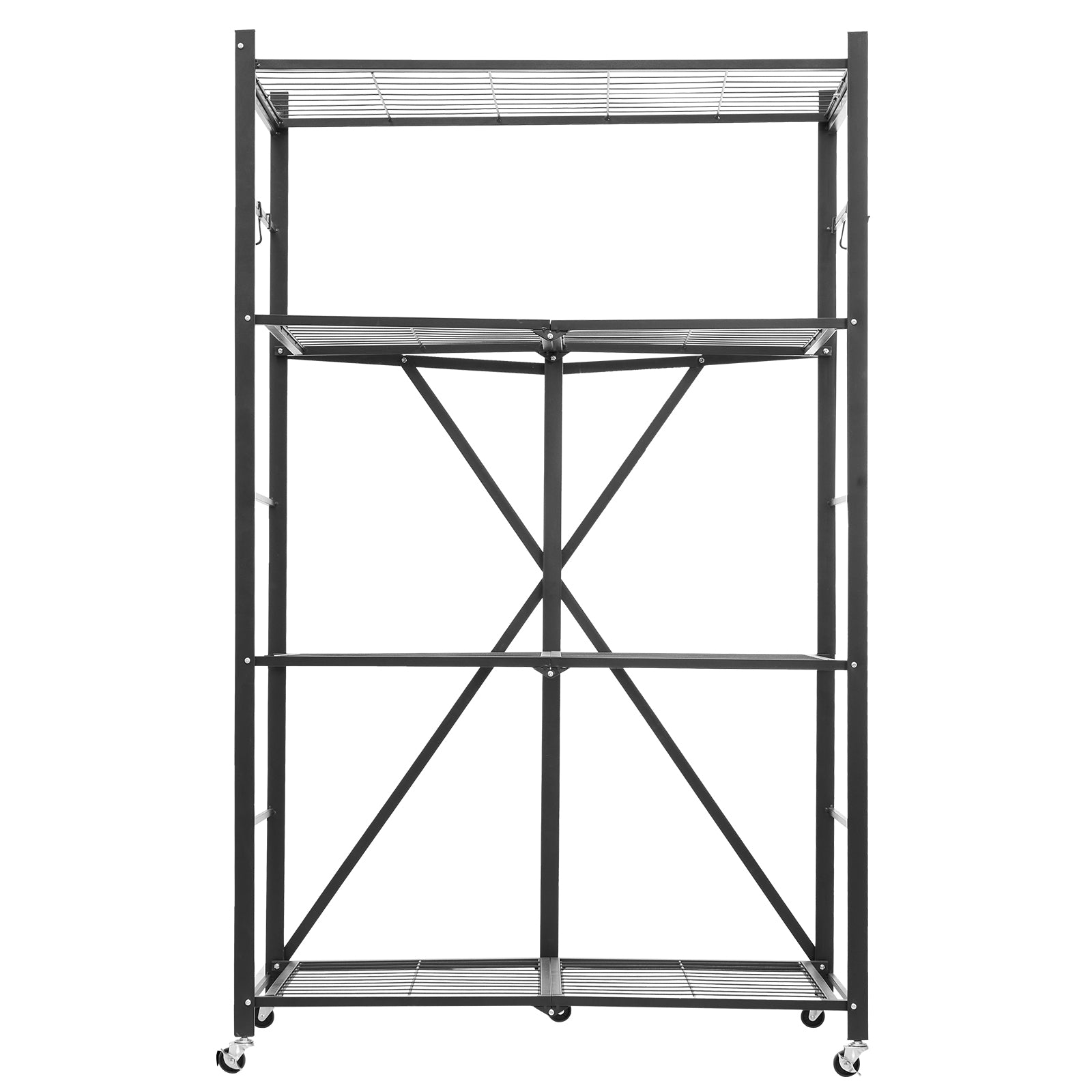 Folding Storage Shelf with Wheels 4-Tier No Assembly Organizer Shelf Black