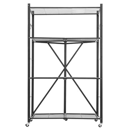 Folding Storage Shelf with Wheels 4-Tier No Assembly Organizer Shelf Black