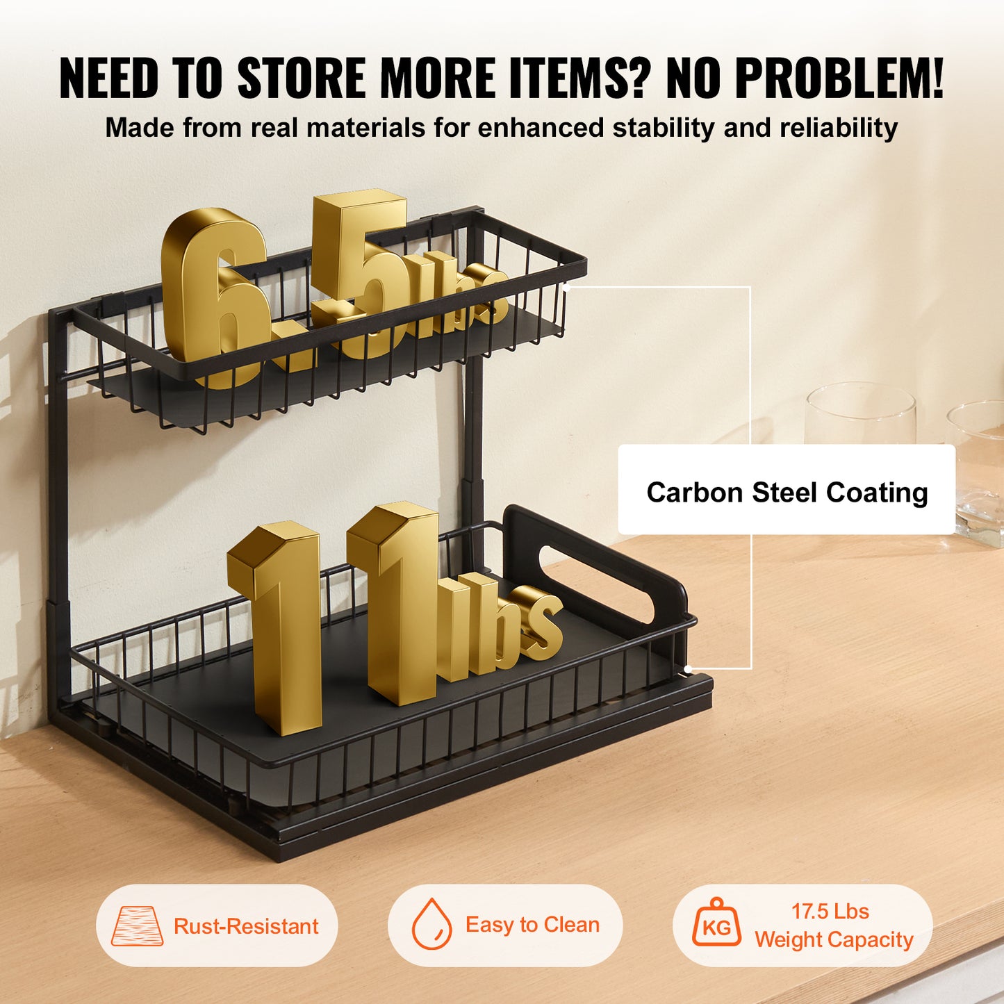 Black Iron Pull Out Cabinet Organizer - 2 Tier Storage for Living Room