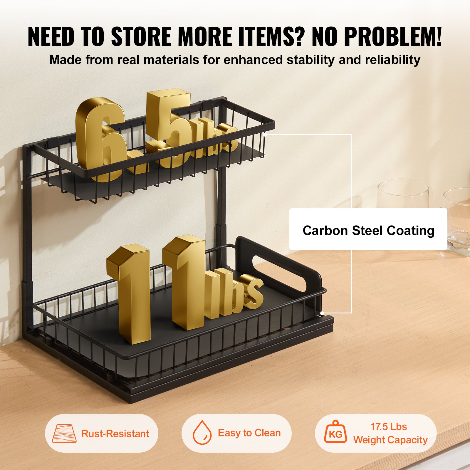 Black Iron Pull Out Cabinet Organizer - 2 Tier Storage for Living Room