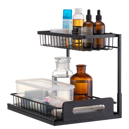 Black Iron Pull Out Cabinet Organizer - 2 Tier Storage for Living Room