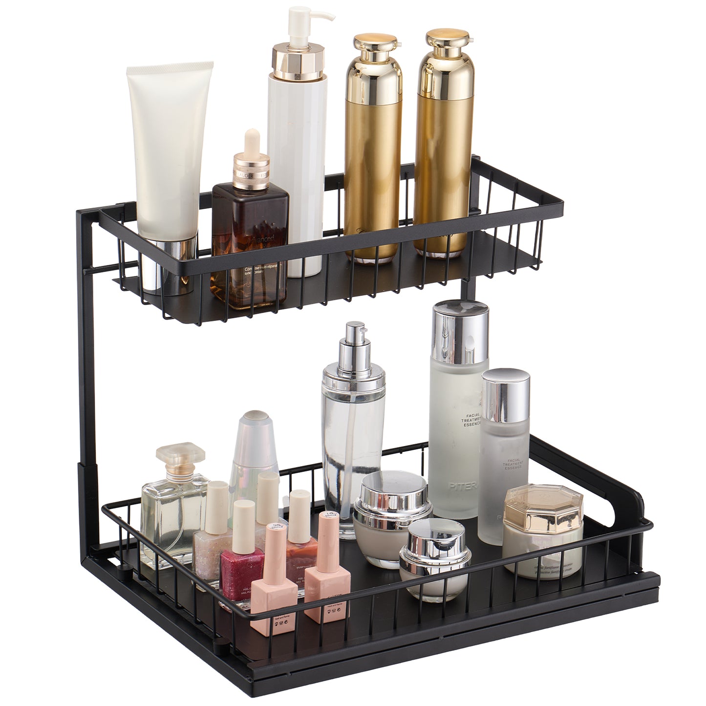 Black Iron Pull Out Cabinet Organizer - 2 Tier Storage for Living Room