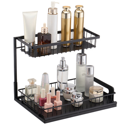 Black Iron Pull Out Cabinet Organizer - 2 Tier Storage for Living Room